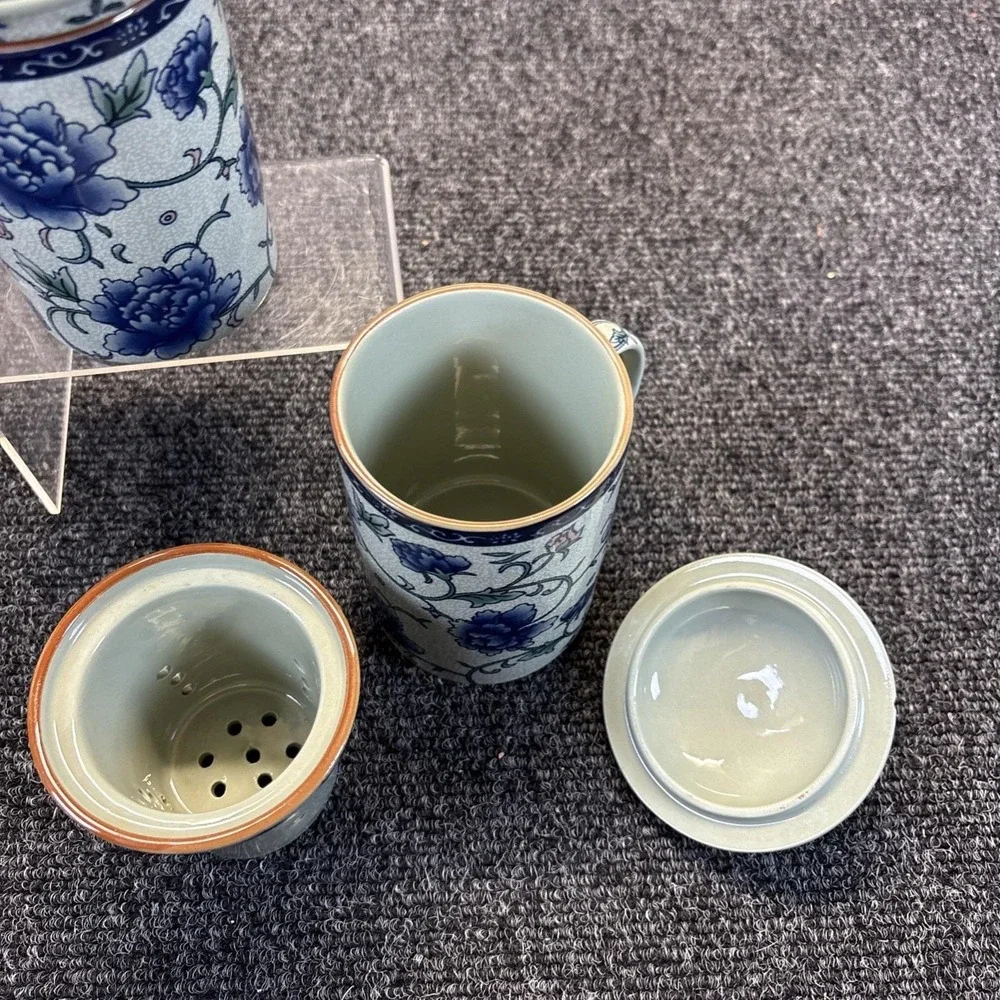 Oriental Style Ceramic Tea Cup Infuser Steep Brew Blue Flowers~Set of 2~READ